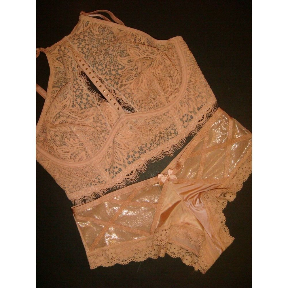 Victoria's Secret unlined high-neck 34C BRA SET panty DULCE de leche lace beaded - Picture 2 of 4